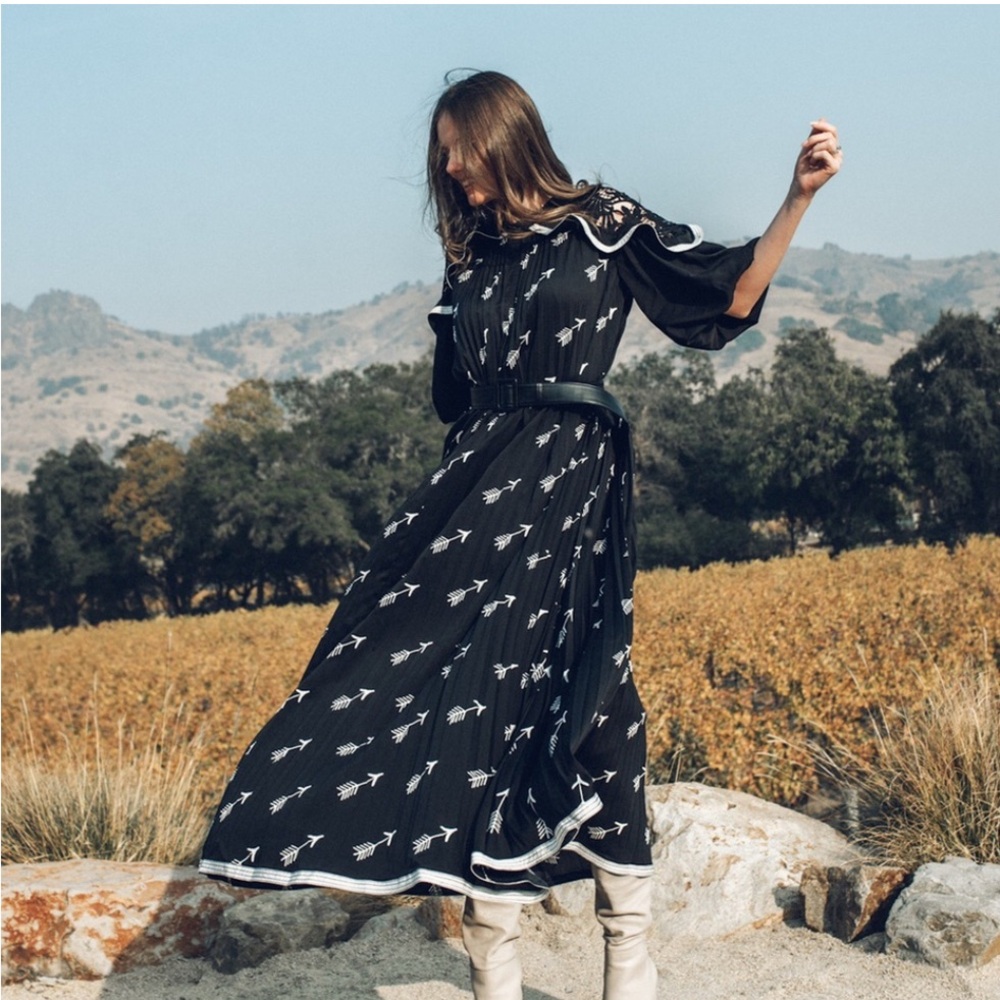 Self-Portrait Black Long Sleeve Midi Dress with White Print